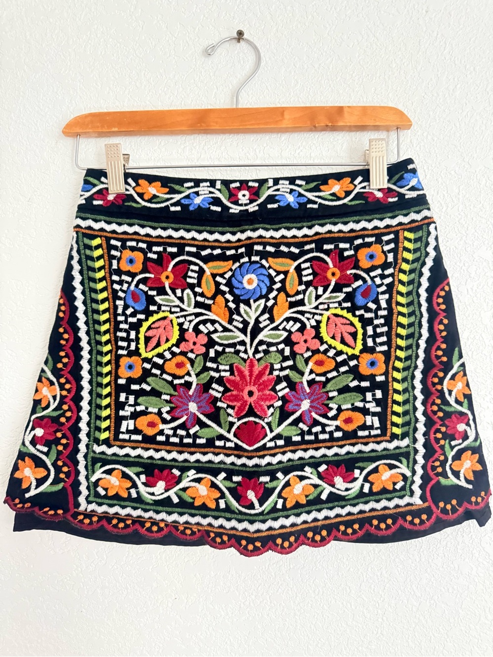 Lulu's Black Embroidered Floral A-Line Mini Skirt with Multi-Color Stitching
